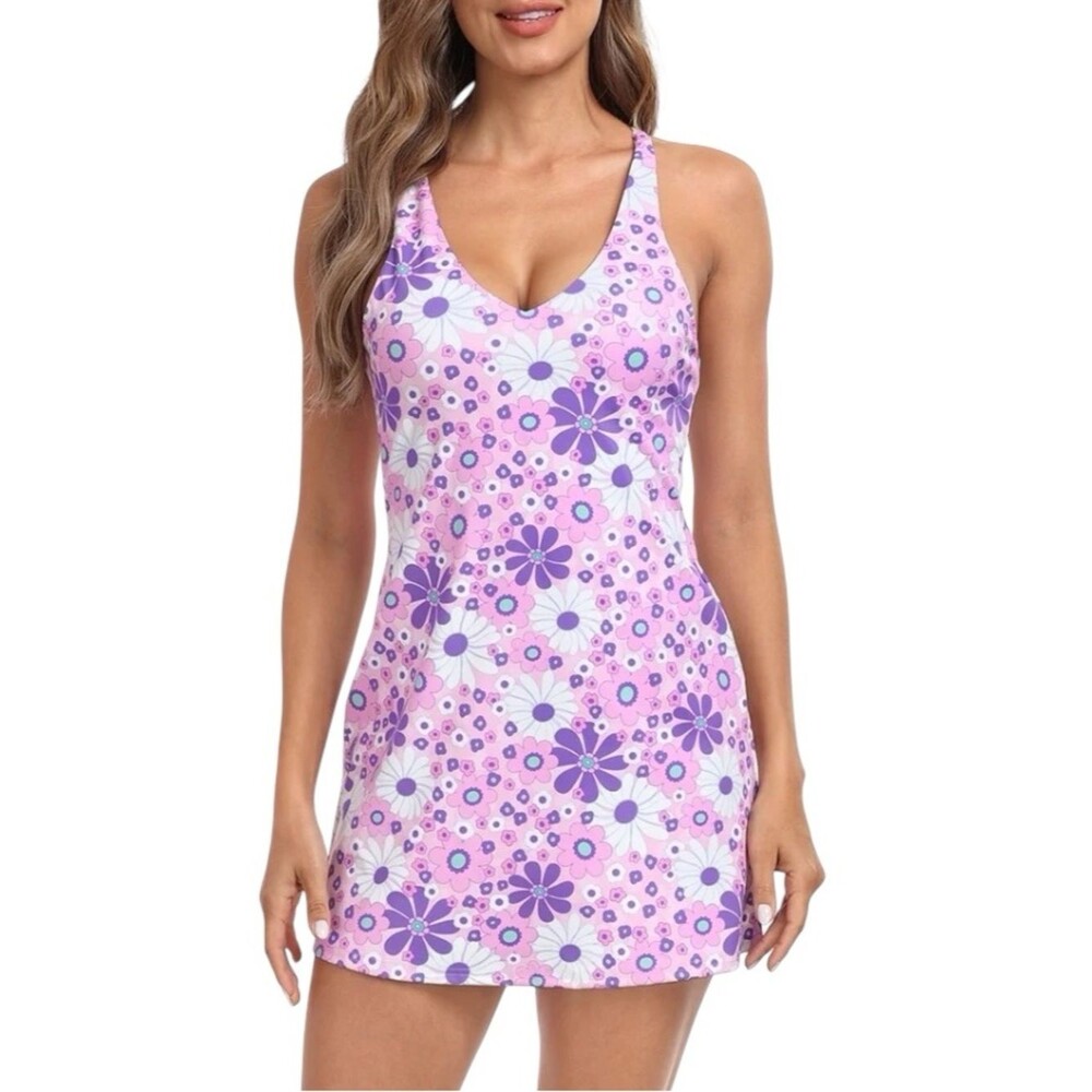 HDE Women's V-Neck Exercise Dress with Built in Bra